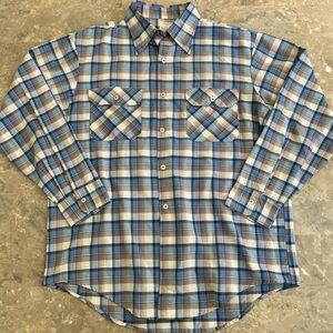 Vintage 70s Big Mac Plaid Shirt Blue Tan L 16–16.5